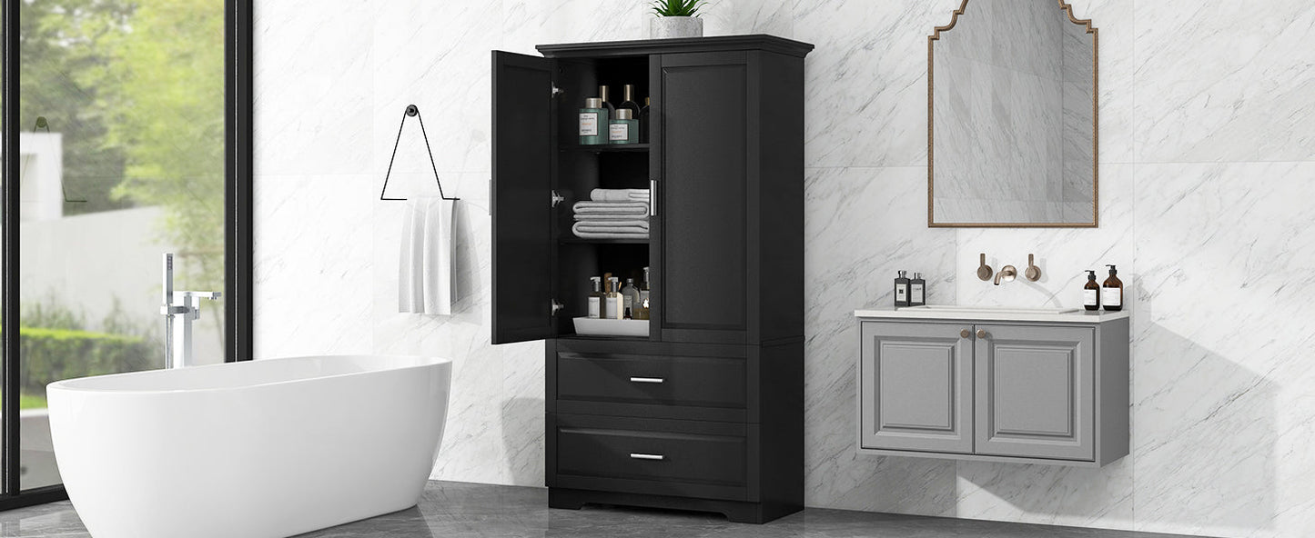 Tall Bathroom Storage Cabinet, Cabinet with Two Doors and Drawers, Adjustable Shelf, MDF Board, Black - Korvel