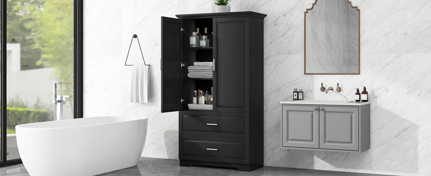 Tall Bathroom Storage Cabinet, Cabinet with Two Doors and Drawers, Adjustable Shelf, MDF Board, Black - Korvel