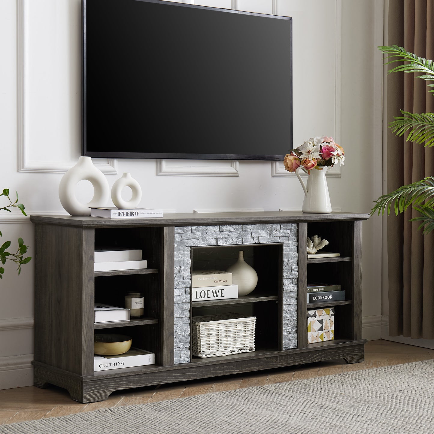 Mantel Stone modern entertainment console, manually stacked stone surrounds open storage space, gray - Korvel