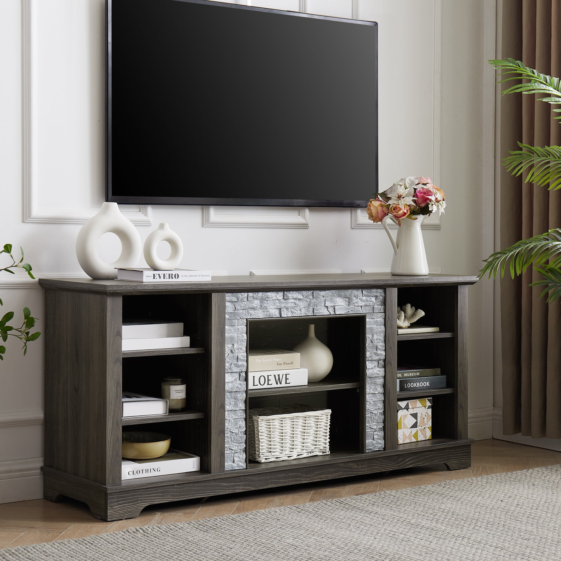 Mantel Stone modern entertainment console, manually stacked stone surrounds open storage space, gray - Korvel