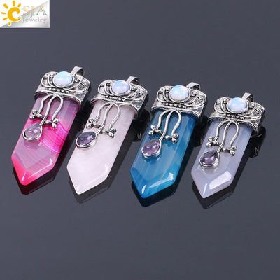 CSJA Vintage Large Natural Stone Sword-Shaped Pendant Jewelry Striped Crystal Agate Tiger Eye Jewelry Pendant Without Chain - Korvel