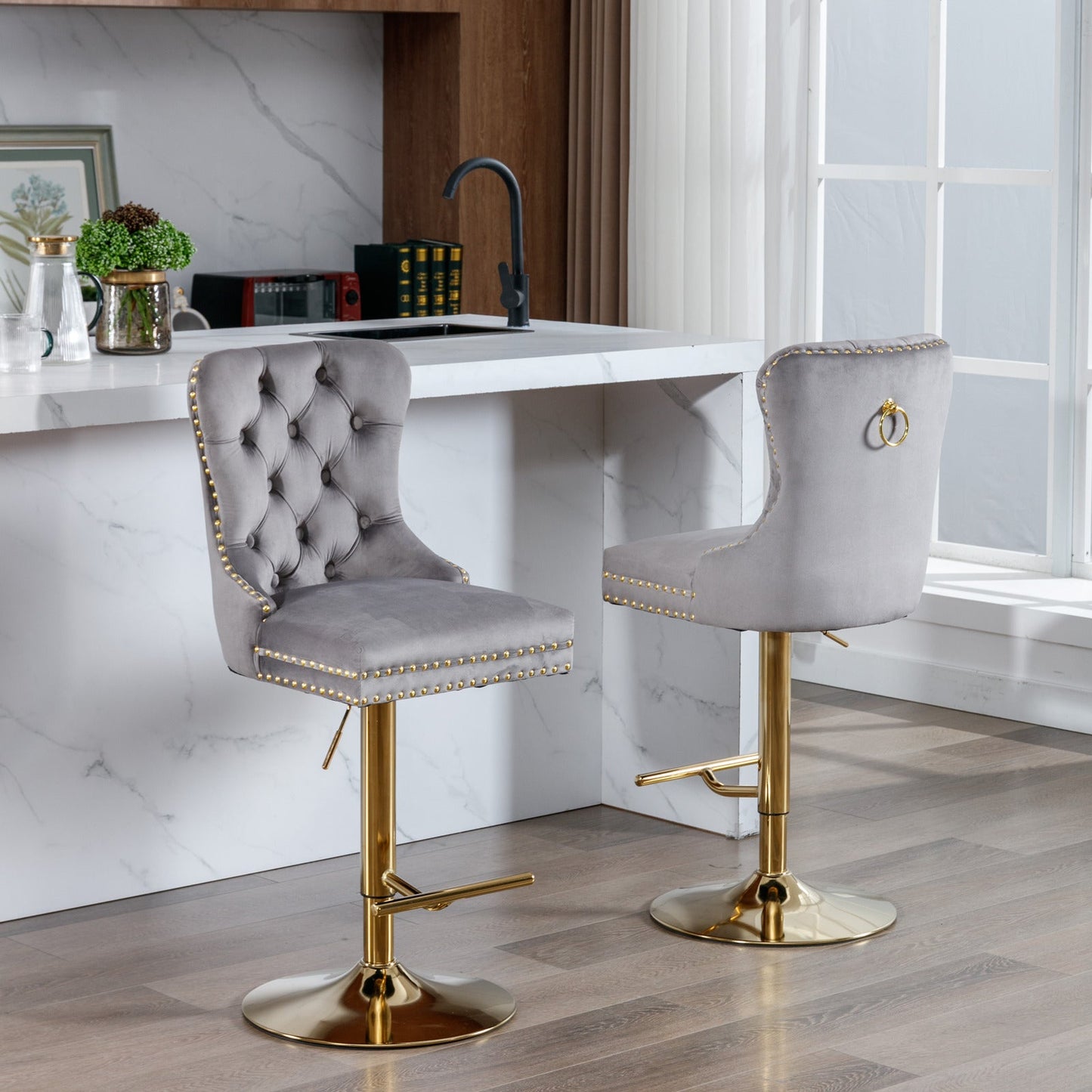 Thick gold rotating velvet bar stool with adjustable seat height of 25-33 inches and backrest (gray, set of 2 pieces) - Korvel