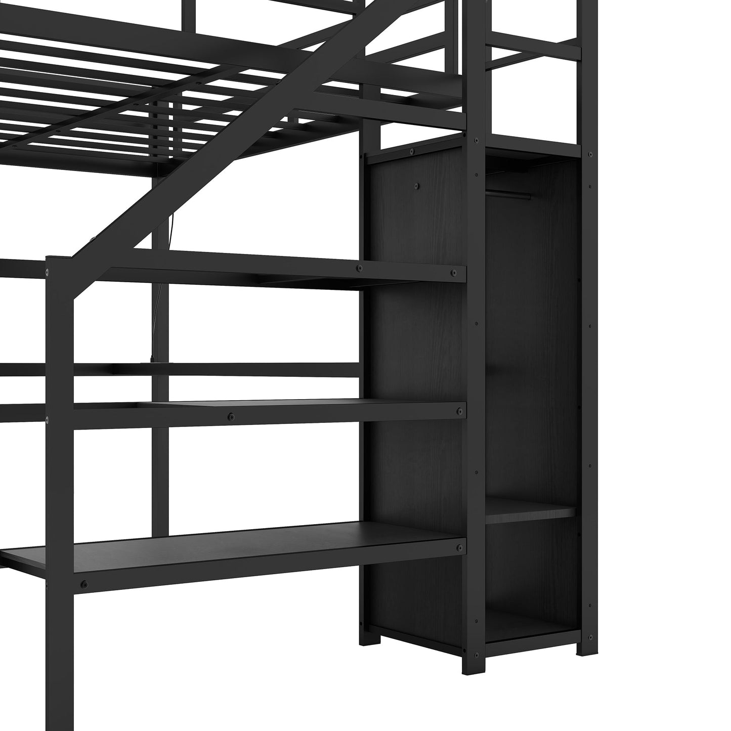Cama Loft de Tamaño Completo con Escritorio en L y USB - Negro