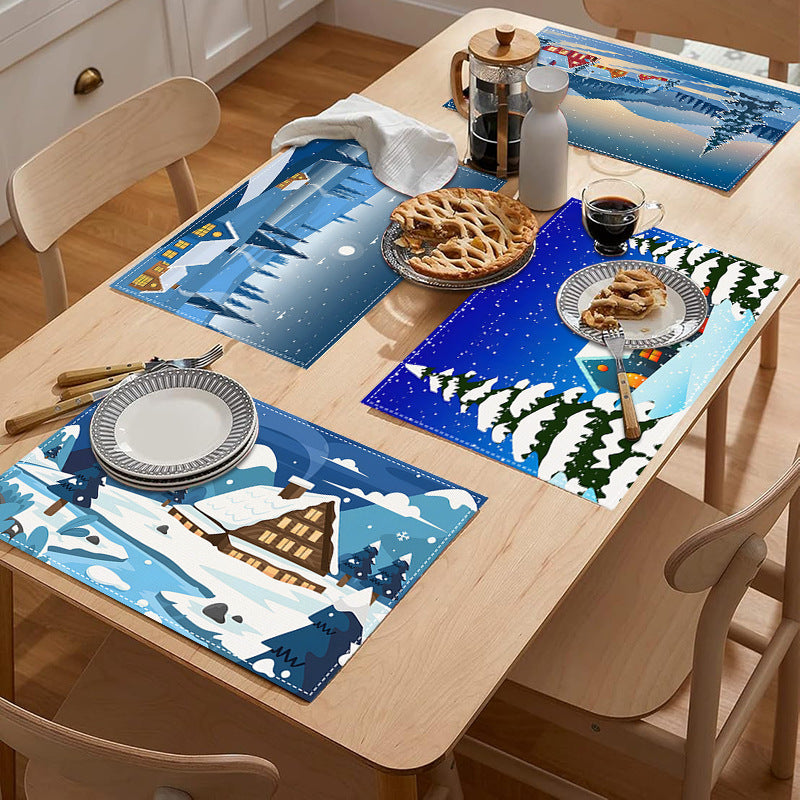 Christmas placemat white hemp Christmas scenery print home table mat living room dining table coaster - Korvel