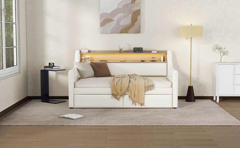 Twin Size Daybed with Drawers, Upholstered Daybed with Charging Station and LED Lights, White - Korvel