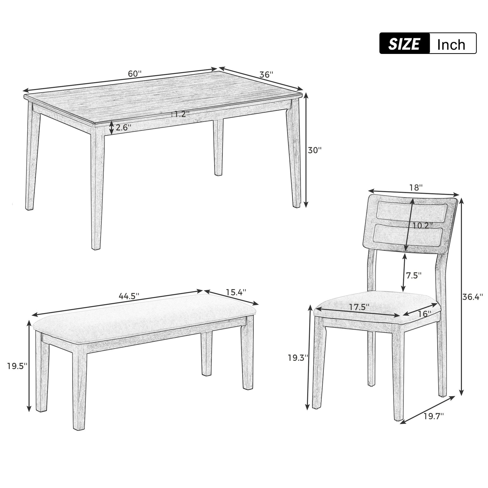 TREXM Classic and Traditional Style 6 - Piece Dining Set, Includes Dining Table, 4 Upholstered Chairs & Bench (Natural Wood Wash） - Korvel