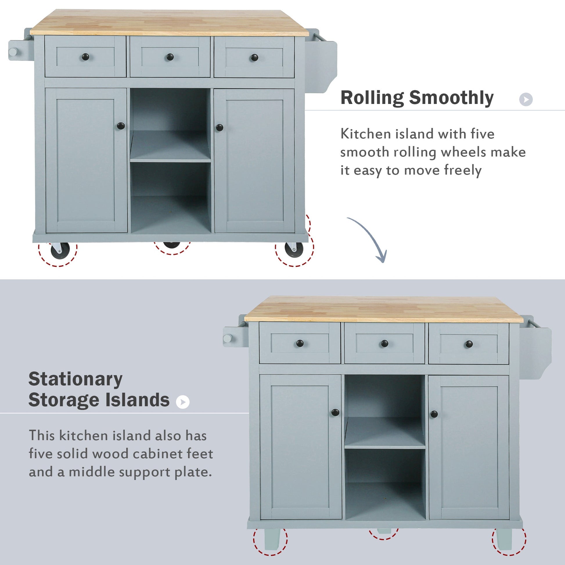 Kitchen handcart with rubber wood leaf countertop, storage cabinet, shelf, and 3 dining room drawers, gray blue - Korvel