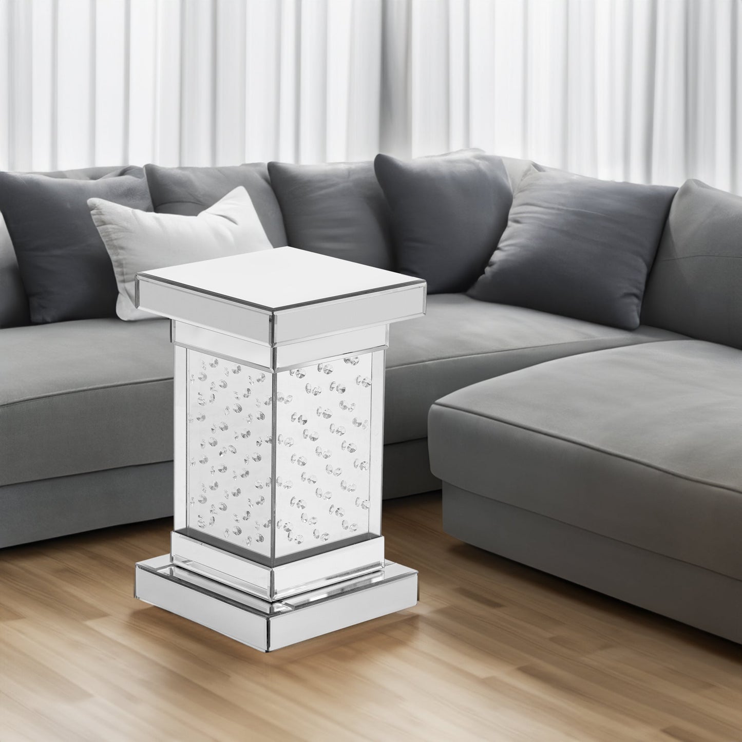 U-Can 11.8-inch silver square mirror coffee table with LED lights, modern crystal inlaid side table, no assembly required - Korvel