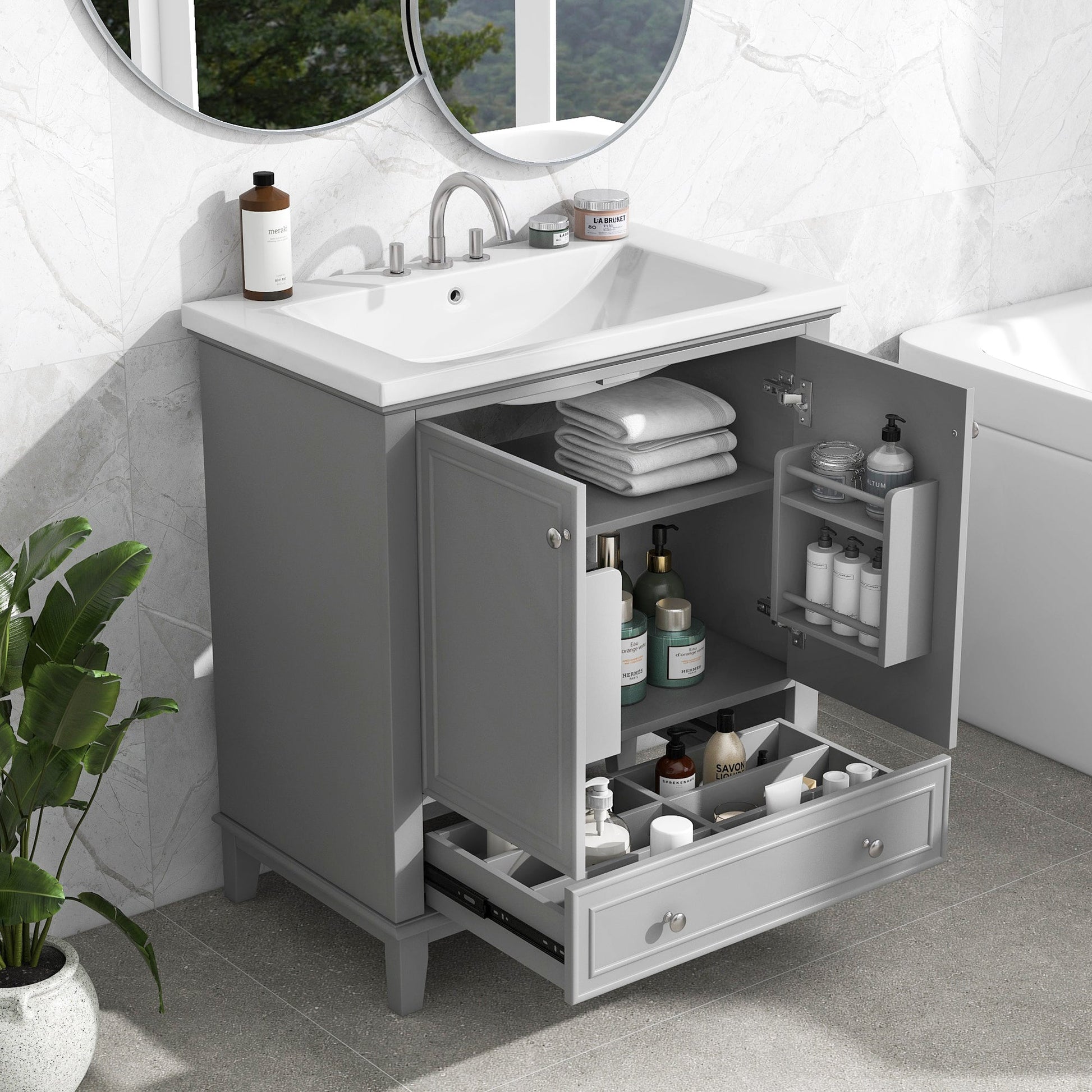 30inchgrey Bathroom Vanity with Sink ComboMulti-functional Bathroom Cabinet with Doors and Drawer Solid Frame and MDF Board - Korvel