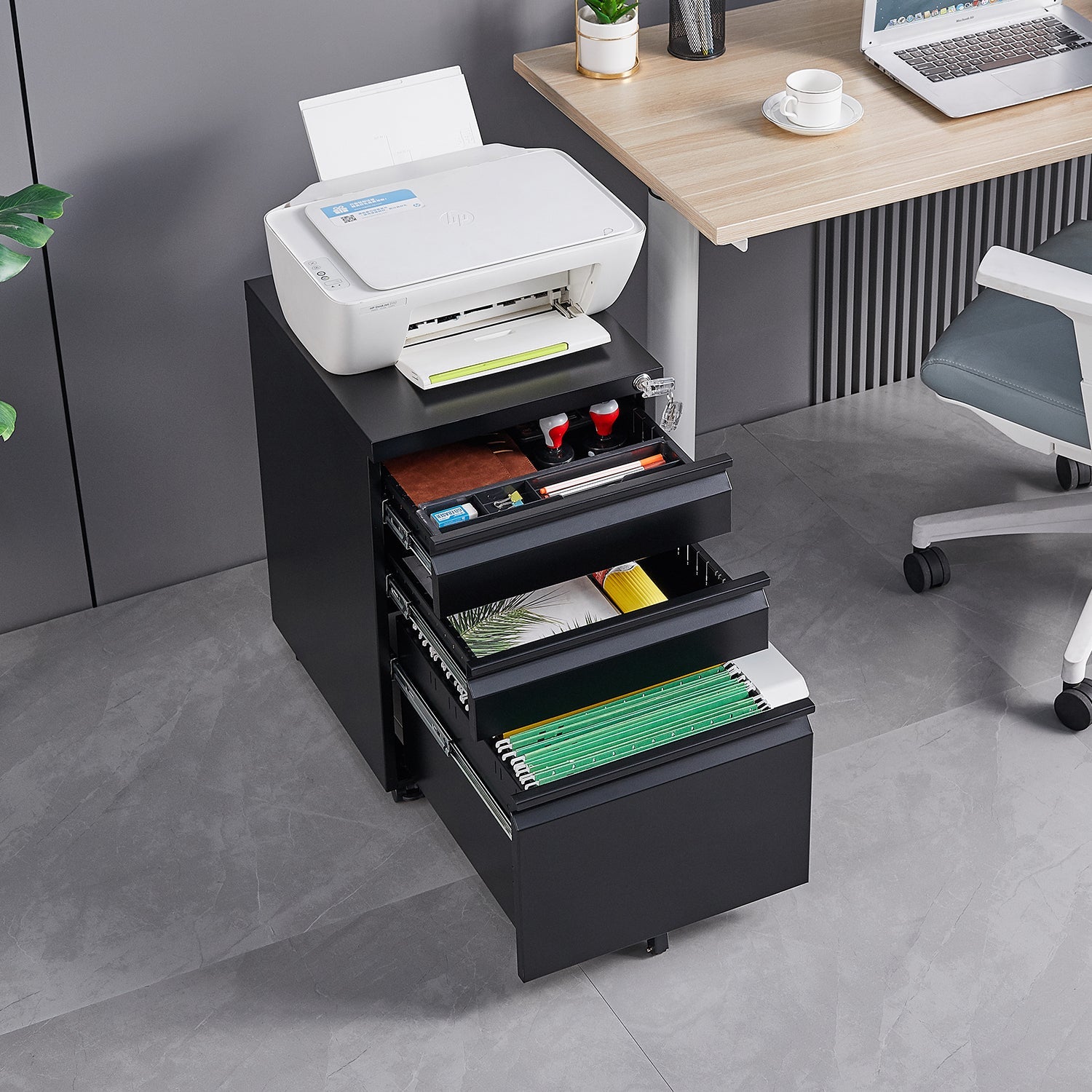 Locked three drawer storage mobile metal filing cabinet with pre installed wheels under the desk filing cabinet - Korvel