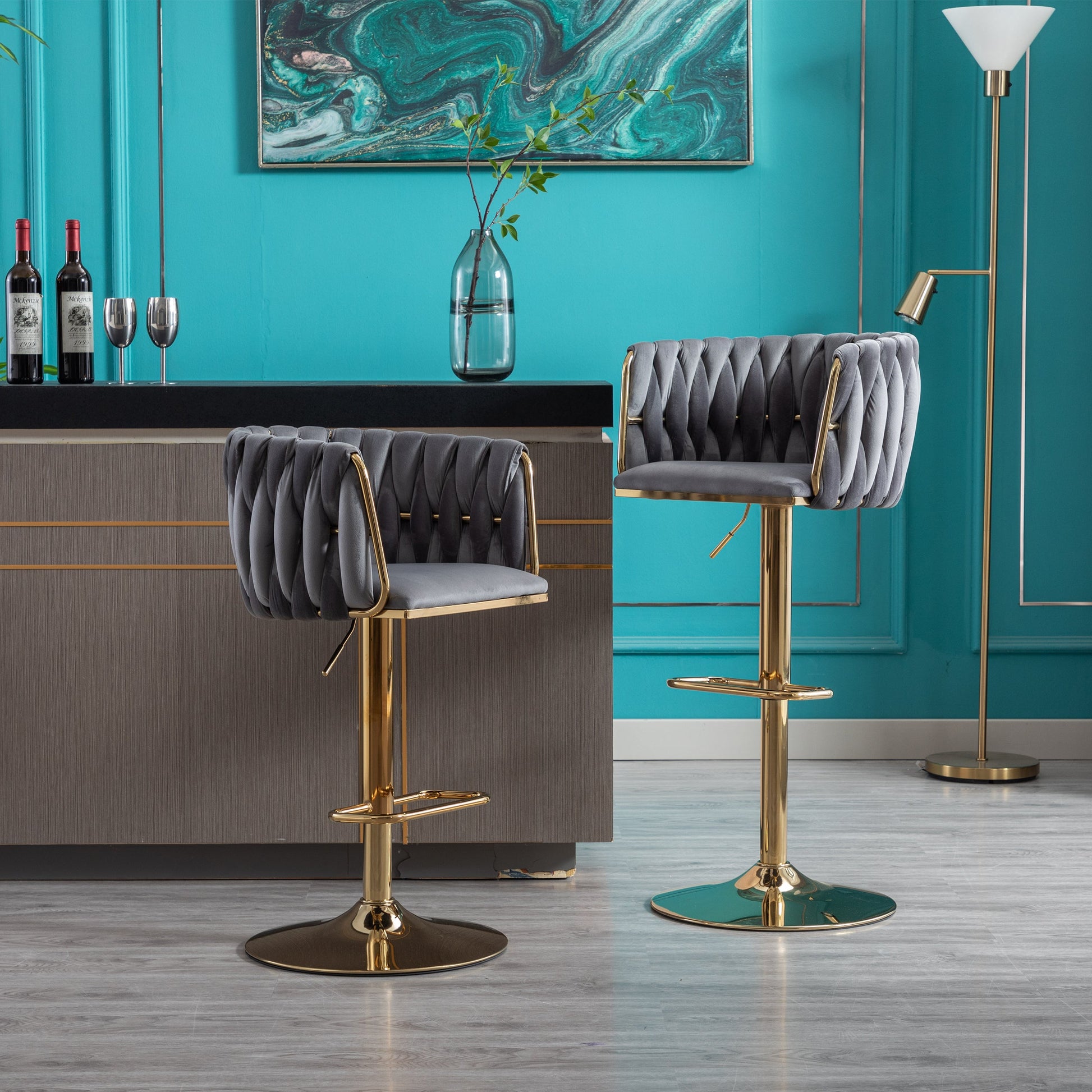 Set of 2 Bar Stools with Chrome Footrest and Base Swivel Height  Velvet + Golden Leg Simple Bar Stool-Grey - Korvel