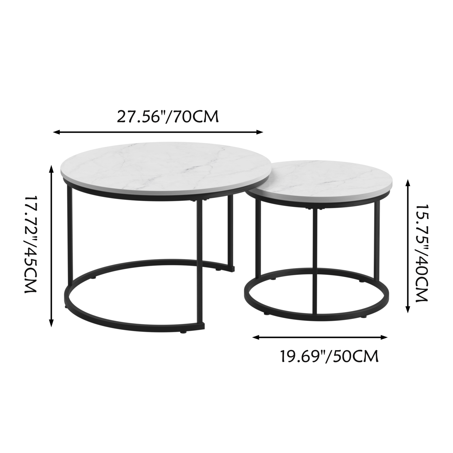 A set of nested 27.6-inch circular coffee tables with a wooden marble patterned tabletop and a sturdy metal frame (white) - Korvel