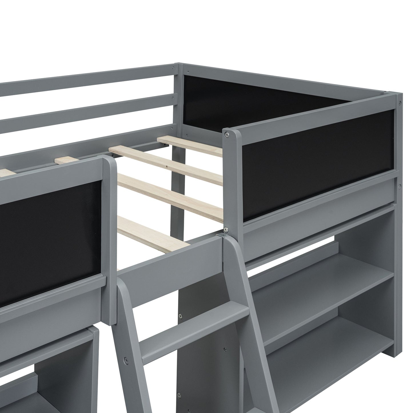 Twin Size Low Loft Bed with Two Movable Shelves and Ladder,with Decorative Guardrail Chalkboard,Gray - Korvel