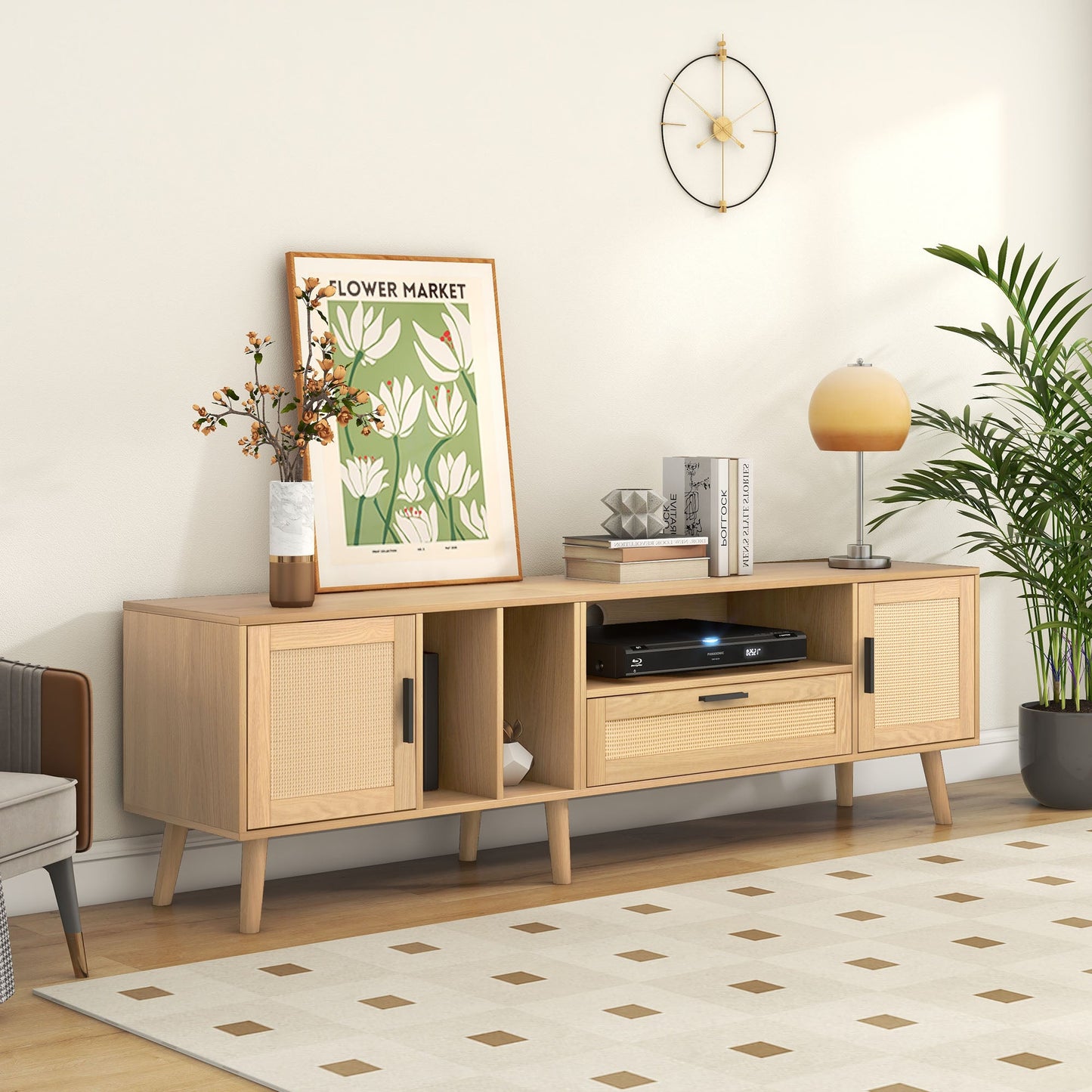 Vine TV stand with 2 cabinets and 2 open shelves, suitable for TVs under 80 inches, with solid wood legs for TV cabinets - Korvel