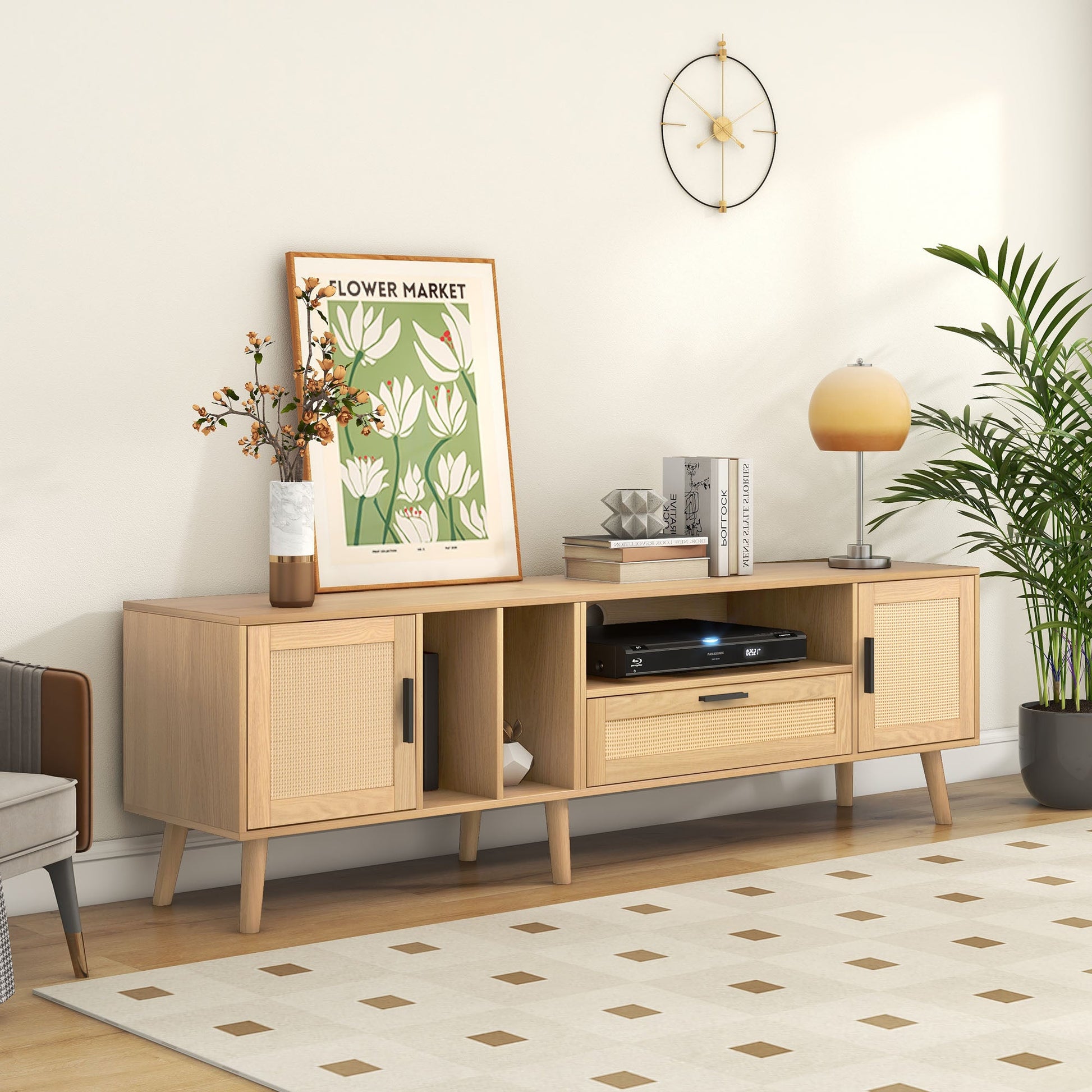 Vine TV stand with 2 cabinets and 2 open shelves, suitable for TVs under 80 inches, with solid wood legs for TV cabinets - Korvel
