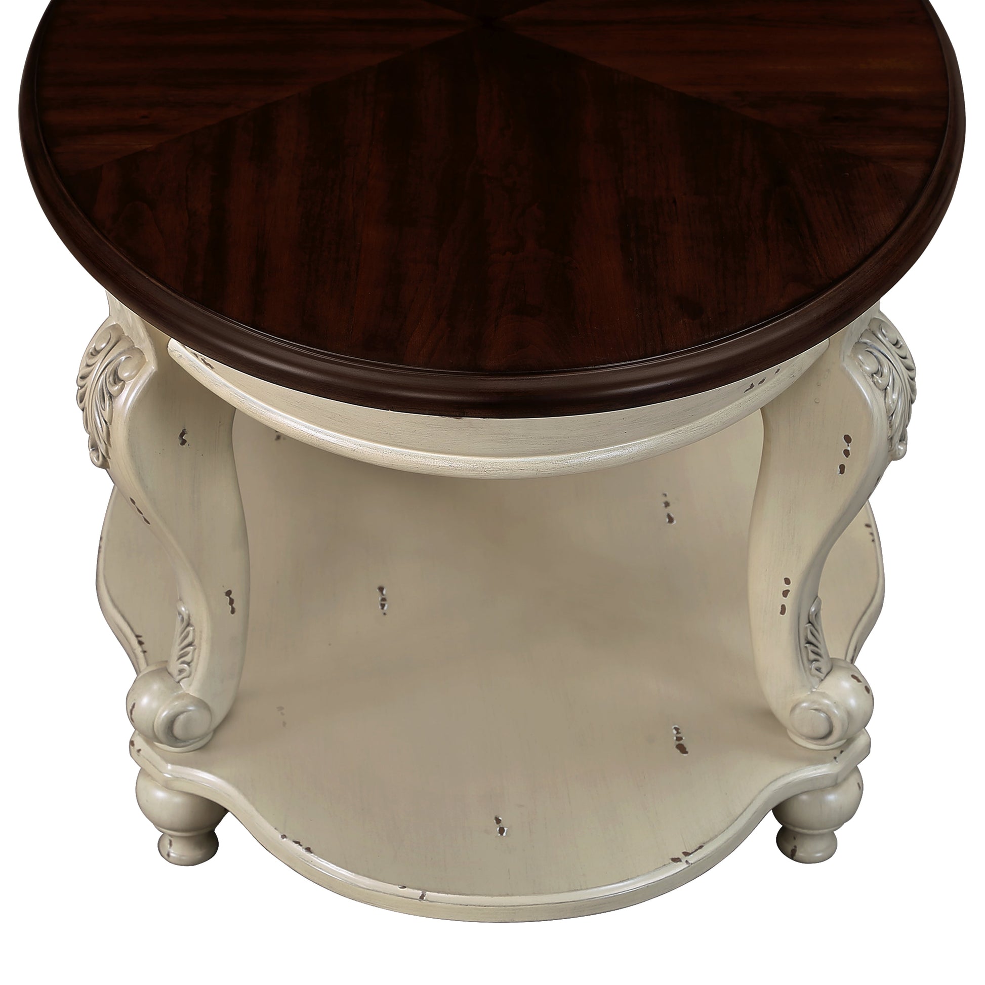 22 inch dual tone round head table, solid wood sofa side table with shelf, white and cherry tabletop - Korvel