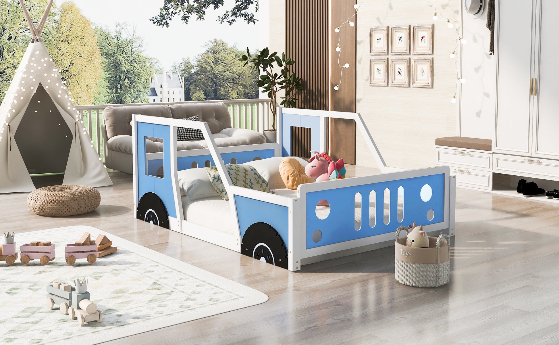 Full Size Classic Car-Shaped Platform Bed with Wheels,Blue - Korvel