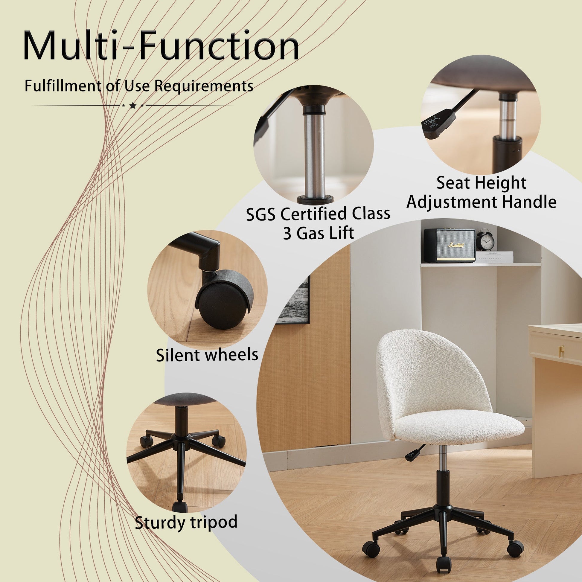 Velvet fabric office chair, mid back adjustable rotating computer chair, black legs, cushioned office chair with wheels ，White - Korvel