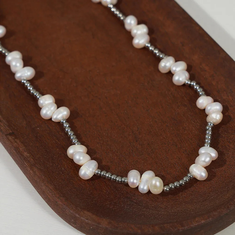 Freshwater Pearl Titanium Steel Bead Necklace - Korvel