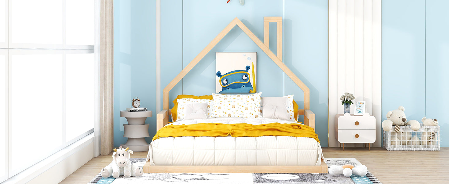 Full Size Wood Floor Bed with House-shaped Headboard  Natural - Korvel