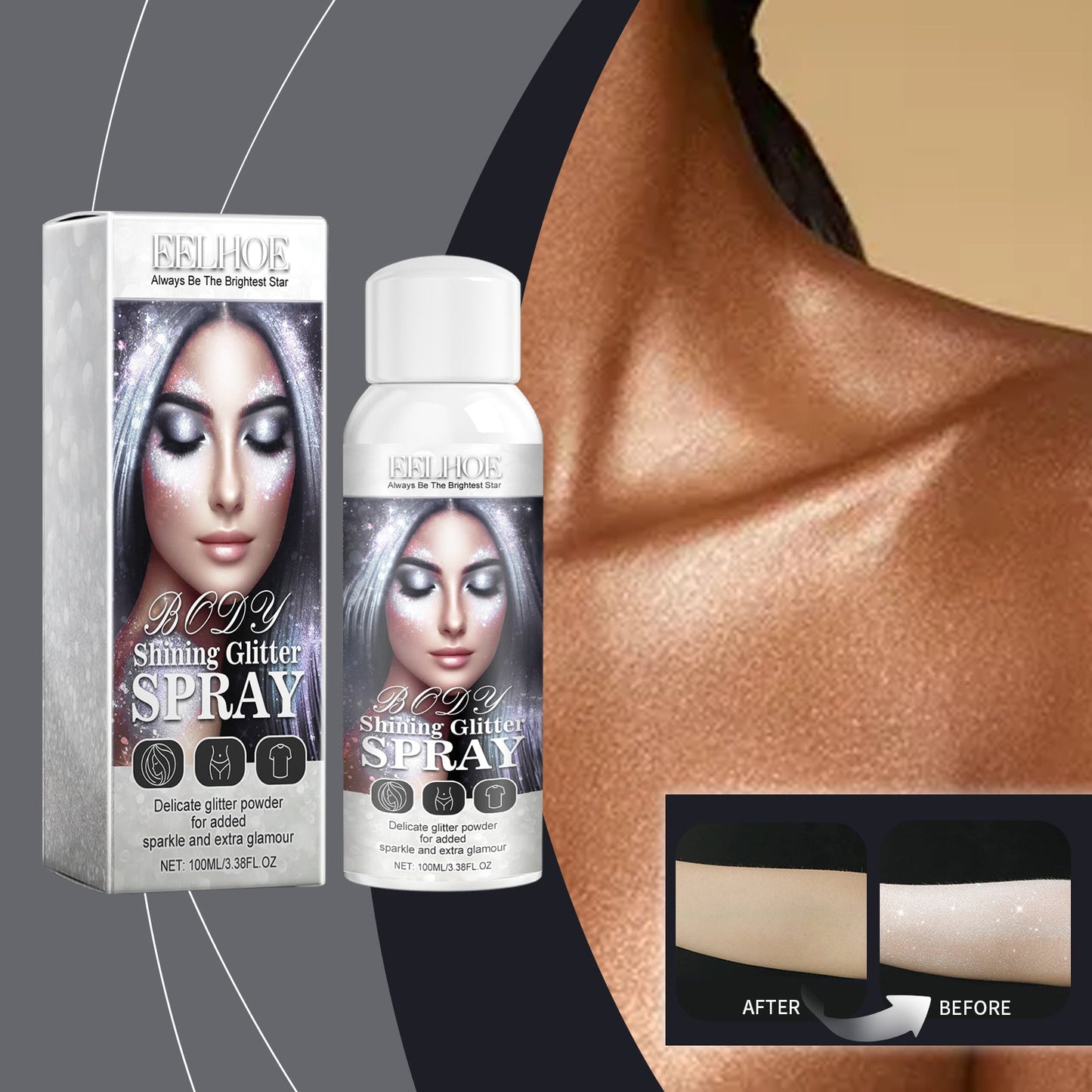 Body Glitter Spray, Body Glitter Highlight Spray Natural Stereo Long-Lasting Brightening Glitter Powder - Korvel