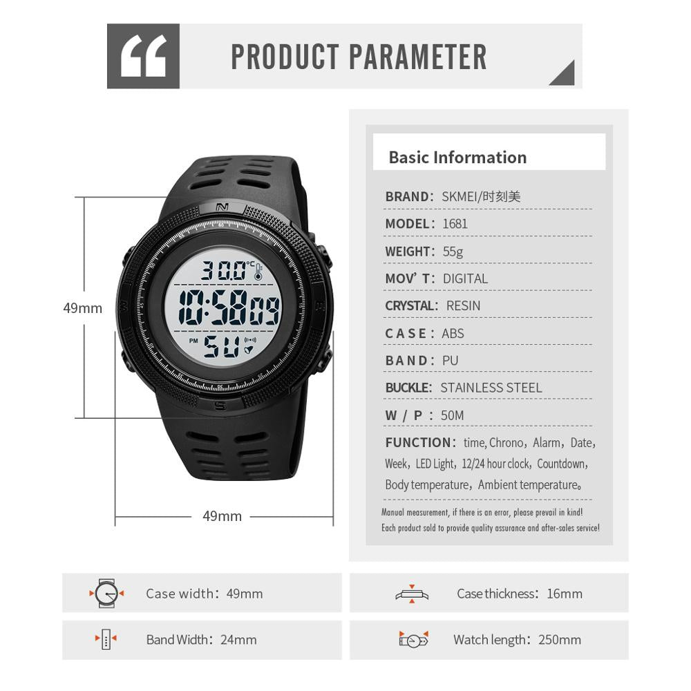 SKMEI 1681 Body Temperature Men's Watch Electronic 5Bar Waterproof Long Battery Life Alarm Clock LED Healthy Male Sport Watch - Korvel