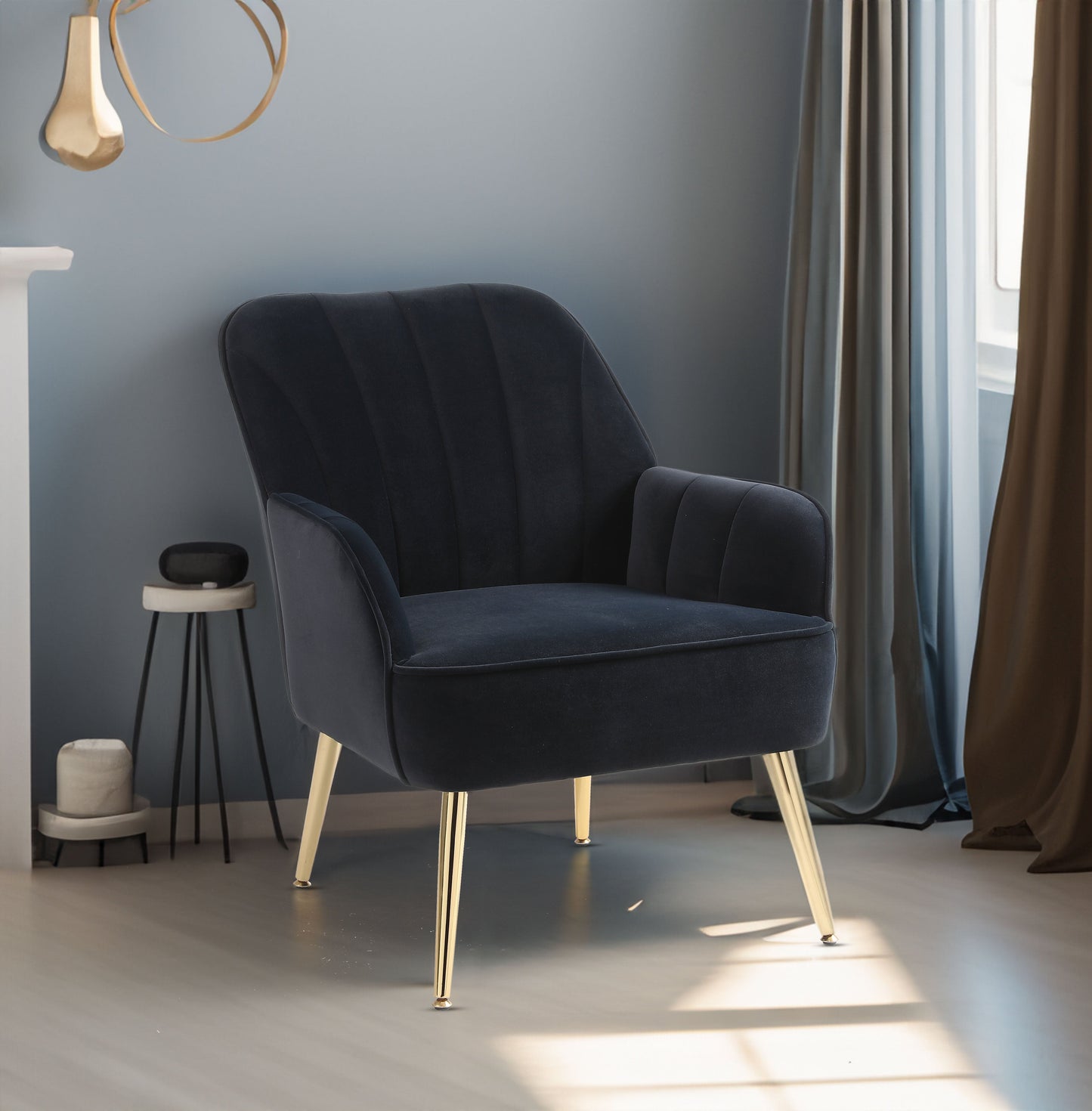 Modern Mid Century Velvet Sherpa Armchair - Navy