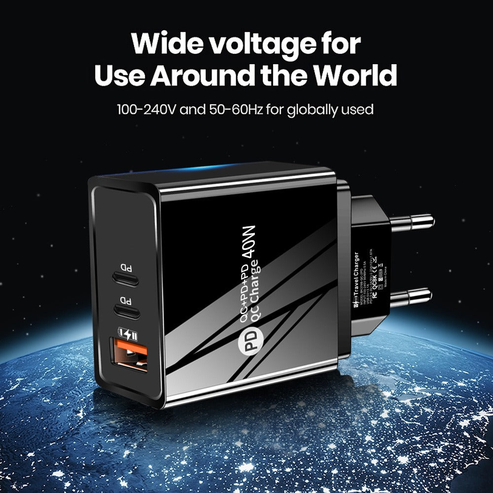 USB+2PD Type-C mobile phone charger LED with light travel charging head - Korvel