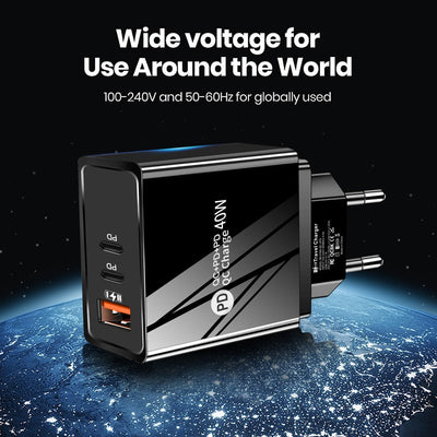 USB+2PD Type-C mobile phone charger LED with light travel charging head - Korvel