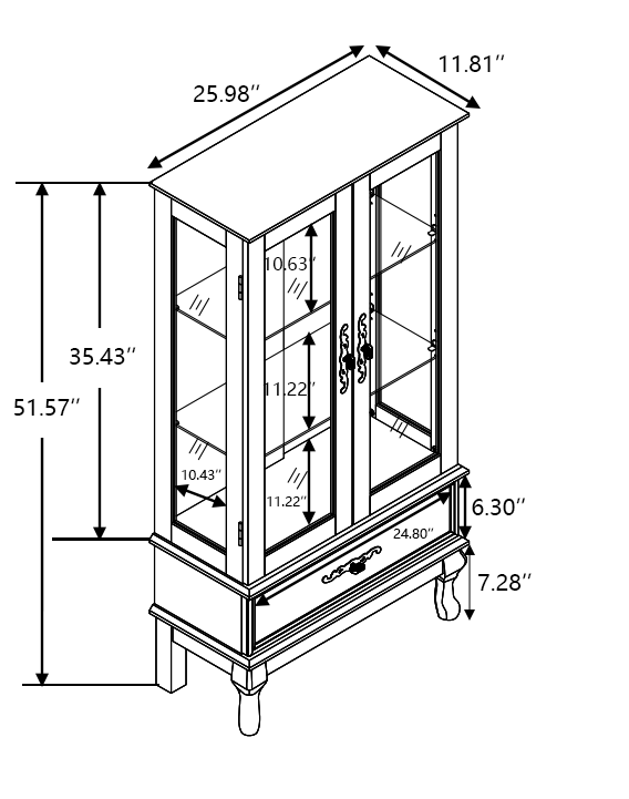 Curio cabinet lighting glass cabinet with adjustable glass frame, 2 doors and 1 drawer with light bulb, dark cherry color - Korvel