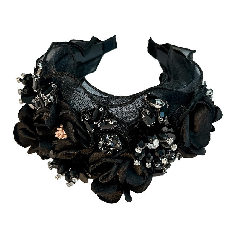 Fabric Flower Heavy Industry Wide Edge Crystal Super Immortal Women's Headband - Korvel