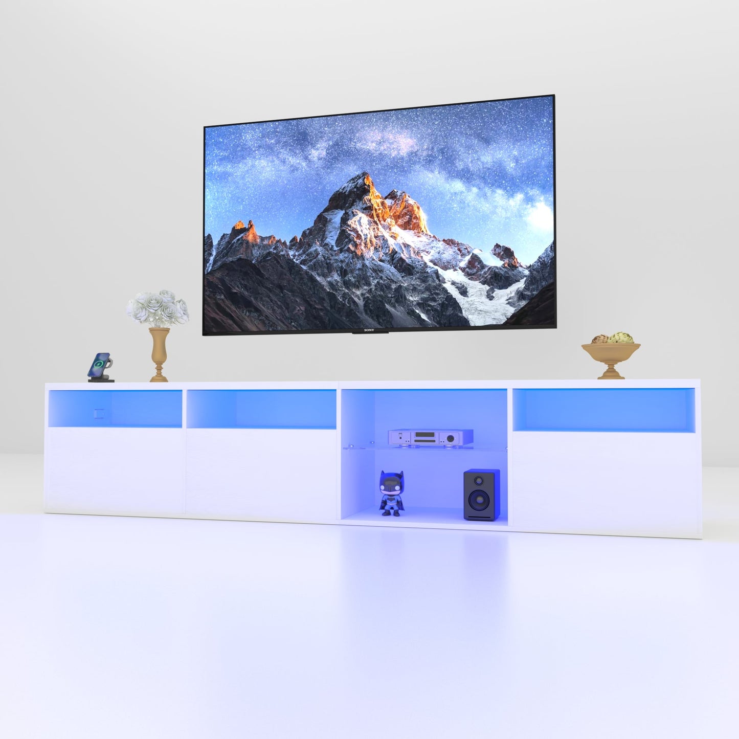 TV console with storage cabinet, 82.6-inch long LED TV stand with 31 mode switching lights (white, suitable for 75/80 inch TVs) - Korvel