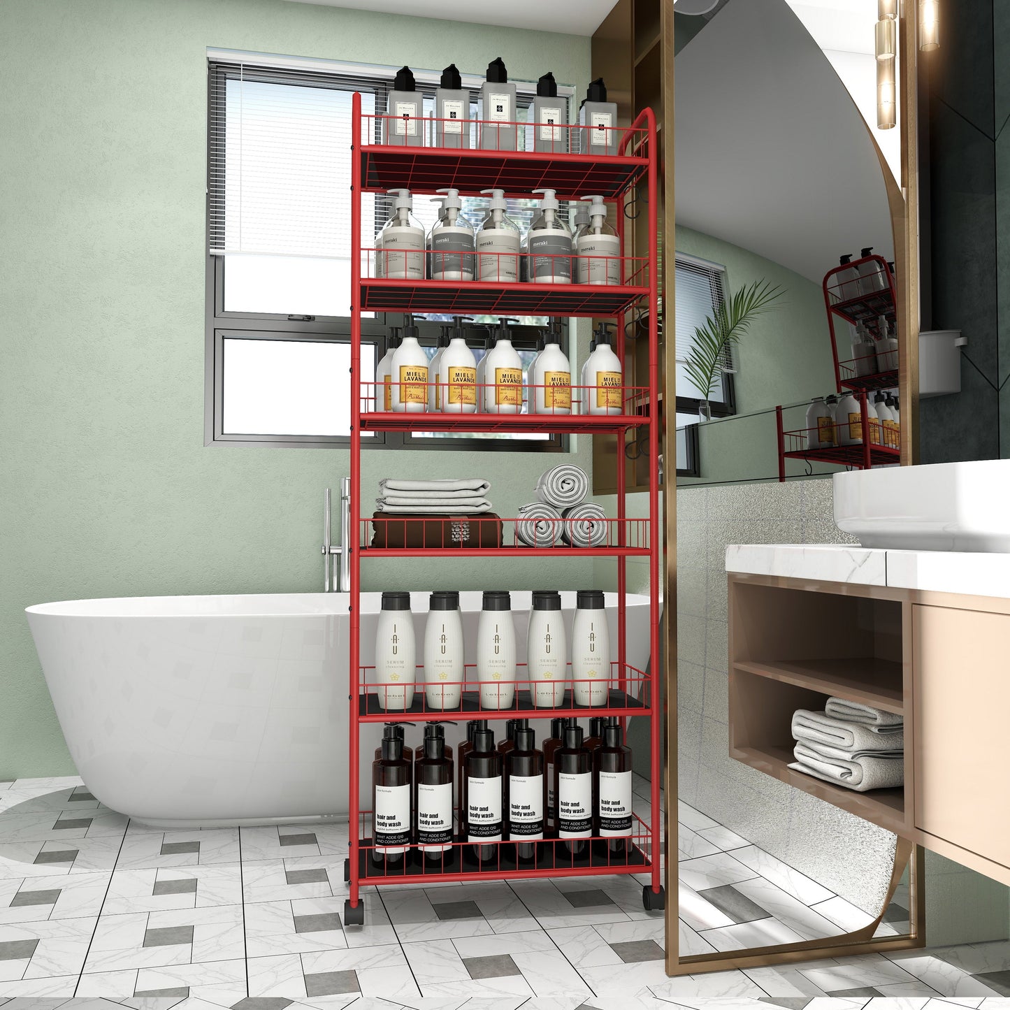 Red 6-story ultra-thin rolling storage cart, mobile shelves with wheels, metal wire storage rack with baskets - Korvel