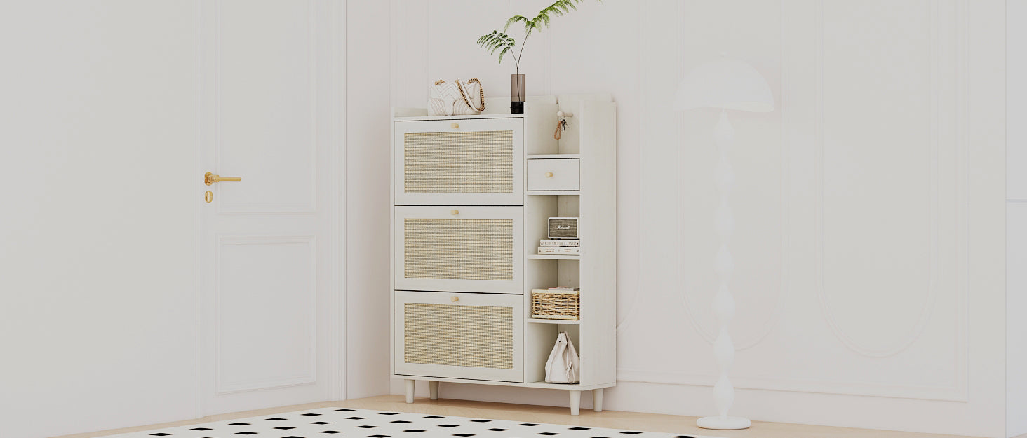 Natural Bohemian style shoe cabinet with 3 rattan flip drawers, 3 square shelves, and 1 storage drawer, white - Korvel