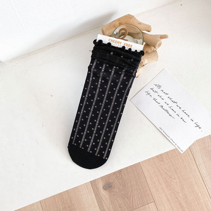 1 pair of socks for women summer thin black middle tube socks Japanese lace ballet style socks mesh breathable pile socks - Korvel