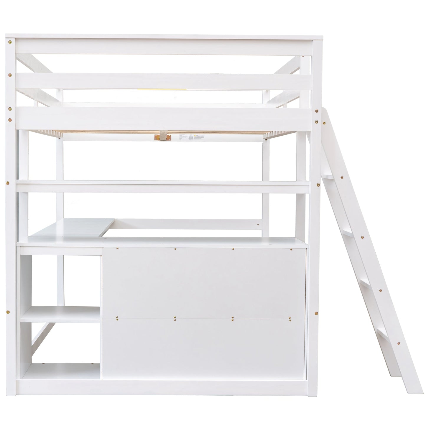 Cama loft de tamaño completo con escritorio y estantes, dos cajones incorporados