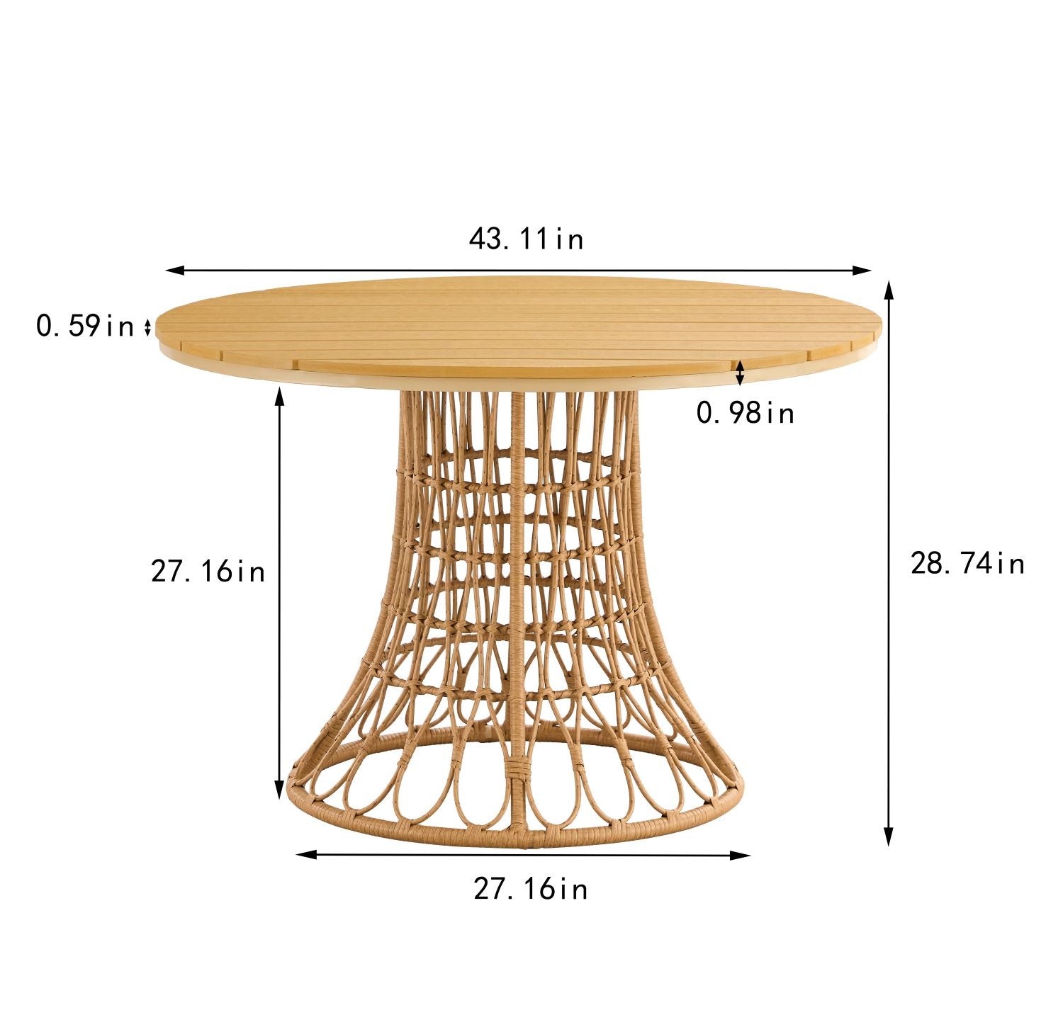 Outdoor dining set of 5 simple bamboo dinning table  PE ratten round table 110CM plastic wood top - Korvel