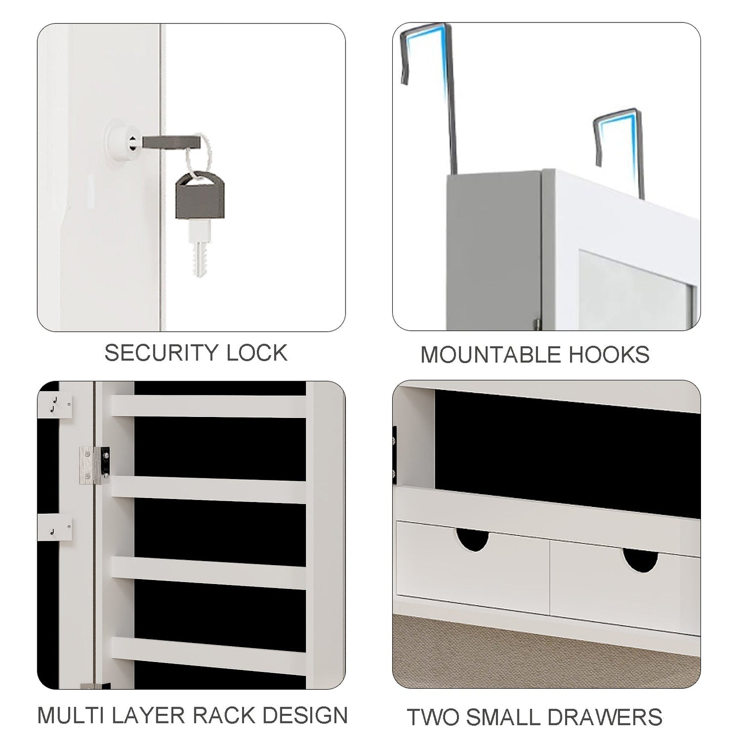 Mirror jewelry cabinet, 47.2-inch large capacity lockable jewelry organizer, wall mounted mirror, with white jewelry storage - Korvel