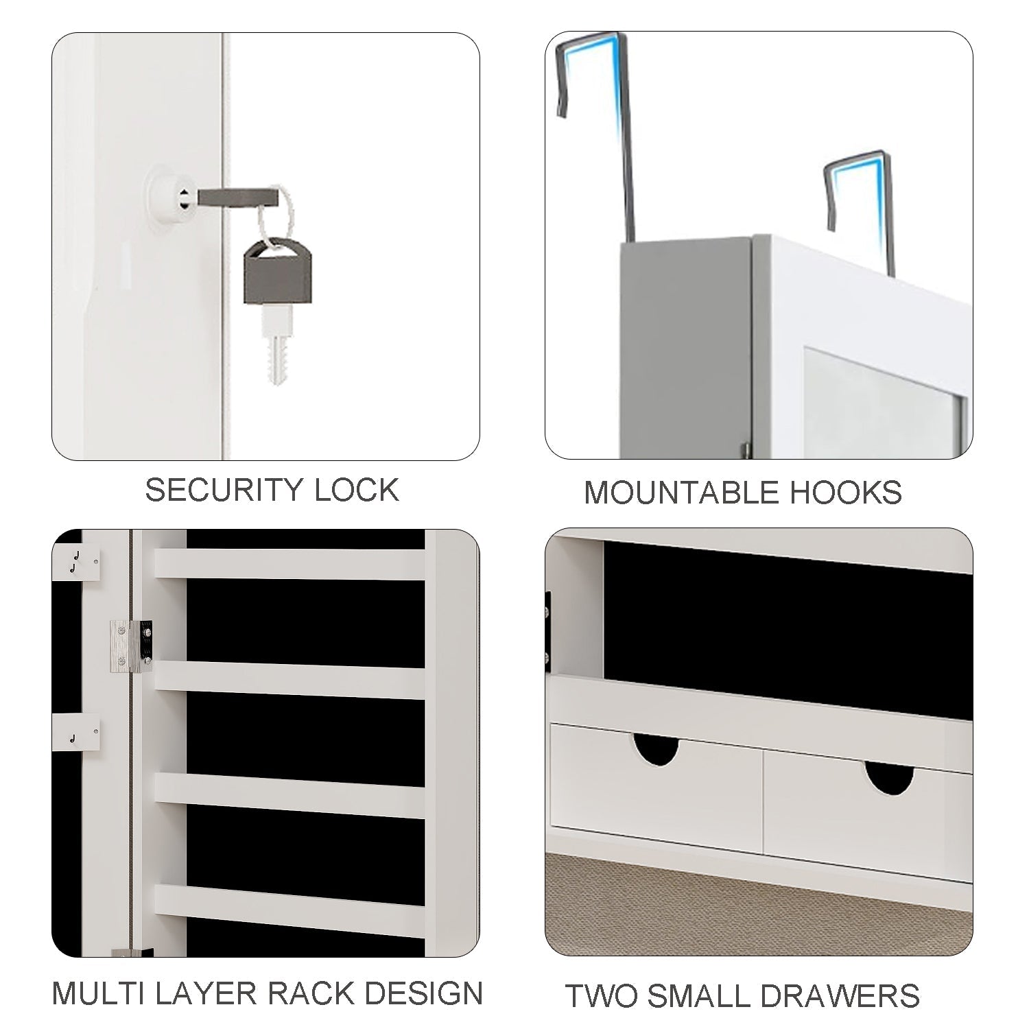 Mirror jewelry cabinet, 47.2-inch large capacity lockable jewelry organizer, wall mounted mirror, with white jewelry storage - Korvel