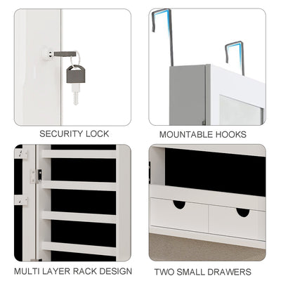 Mirror jewelry cabinet, 47.2-inch large capacity lockable jewelry organizer, wall mounted mirror, with white jewelry storage - Korvel
