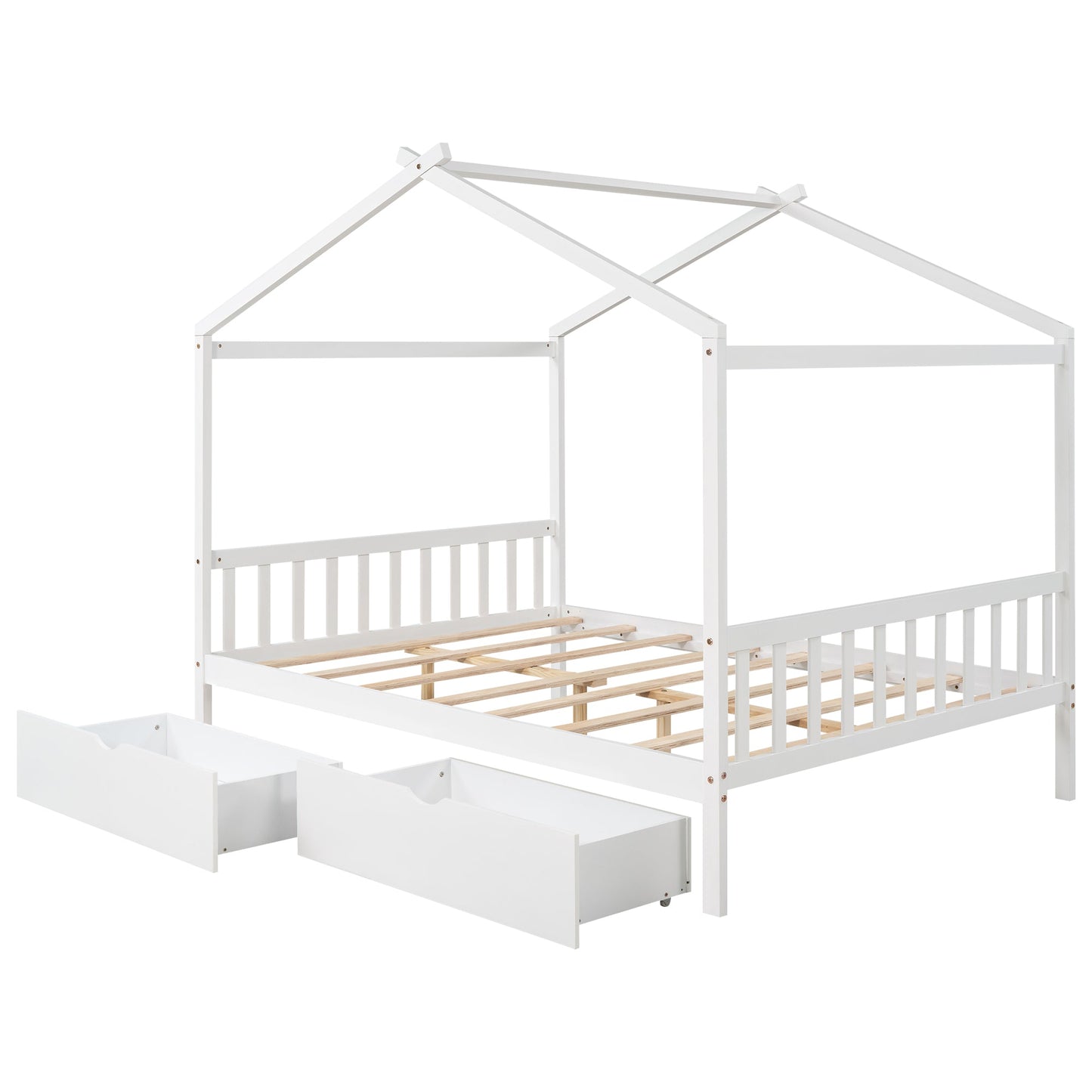Full Size House Platform Bed with Two Drawers Headboard and Footboard,Roof Design White - Korvel