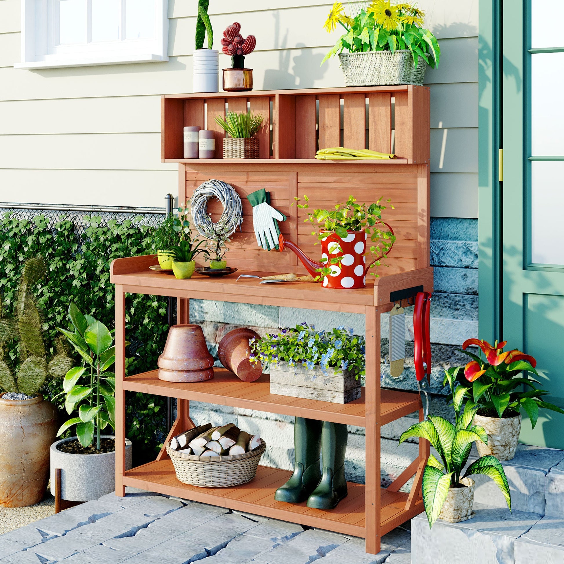 65" Large Wooden Farmhouse Rustic Outdoor Potting Bench Table Garden Potting Bench with 4 Storage Shelves and Side Hook,Natural - Korvel