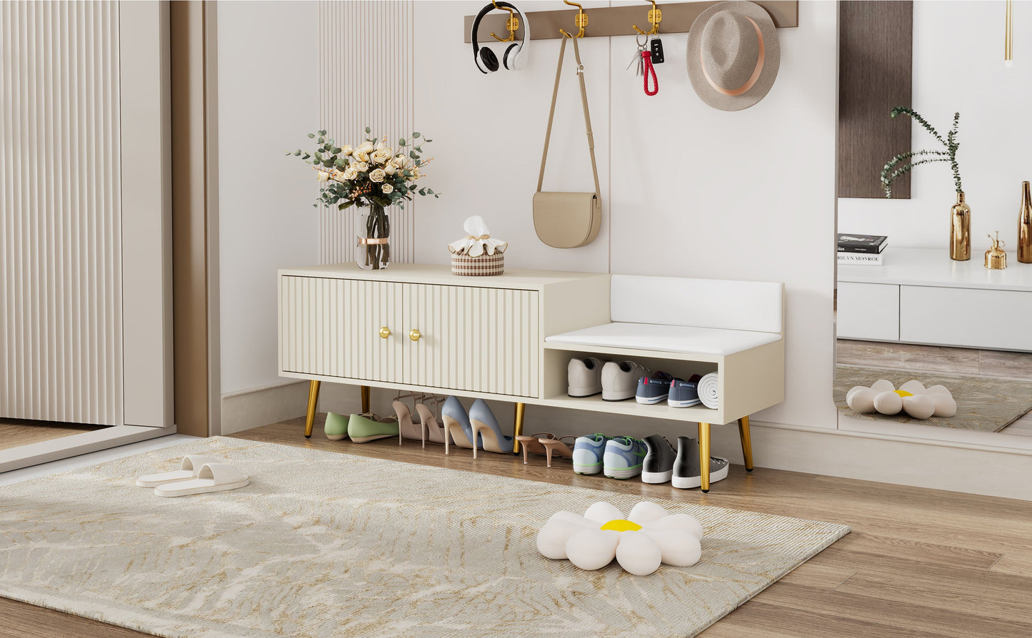 Modern Shoe Storage Bench with Hidden Storage and Upholstered Cushions for Bedside, Living Room and Entryway ((Antique White) - Korvel