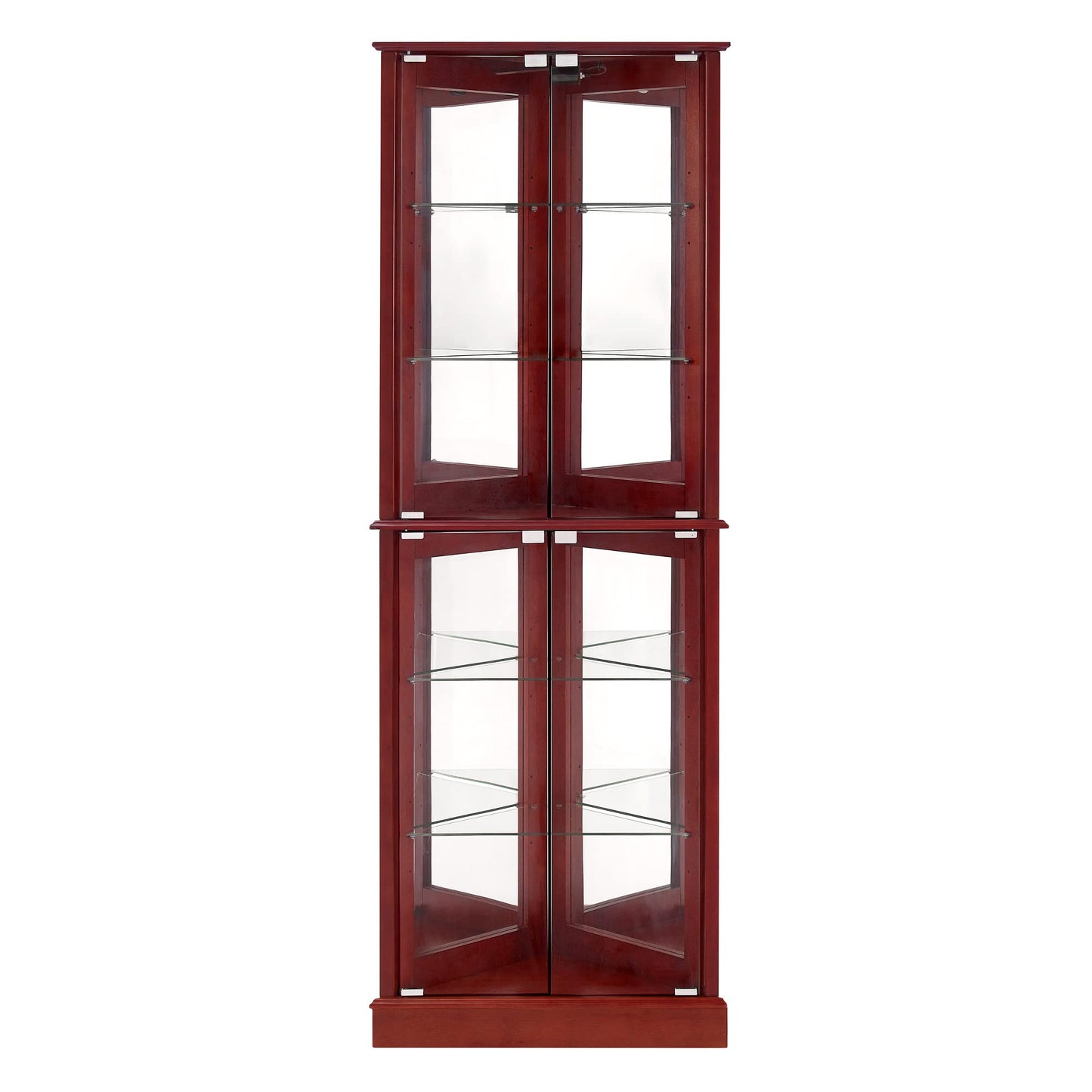 Corner Curio Dispaly Cabinet with Lights, Adjustable Tempered Glass Shelves, Mirrored Back,Cherry(E26 light bulb not included) - Korvel