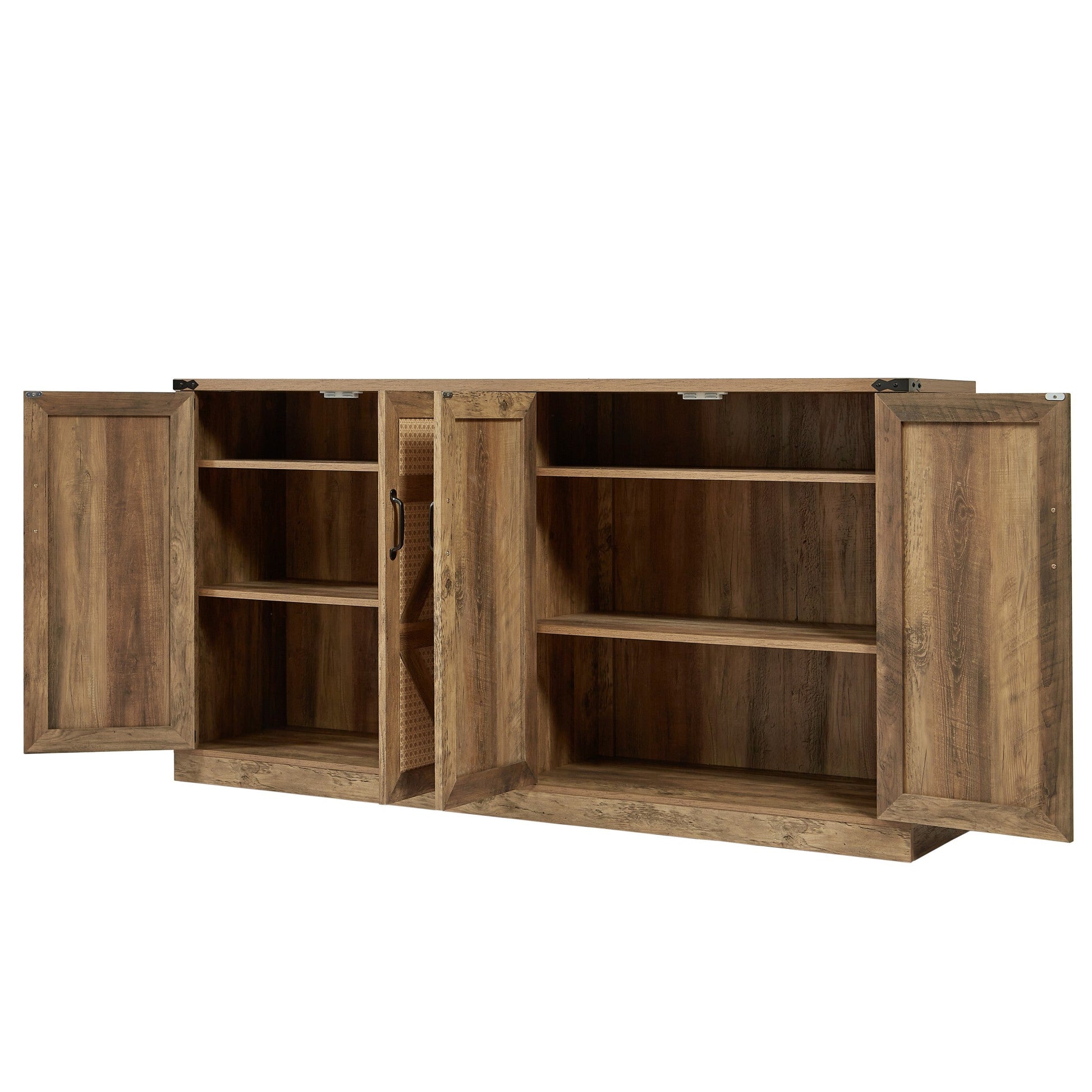 65-Inch Rustic Oak Color Faux Rattan Sideboard, Barn Door Rustic Style Sideboard, Living Room, Entryway, Bedroom - Korvel