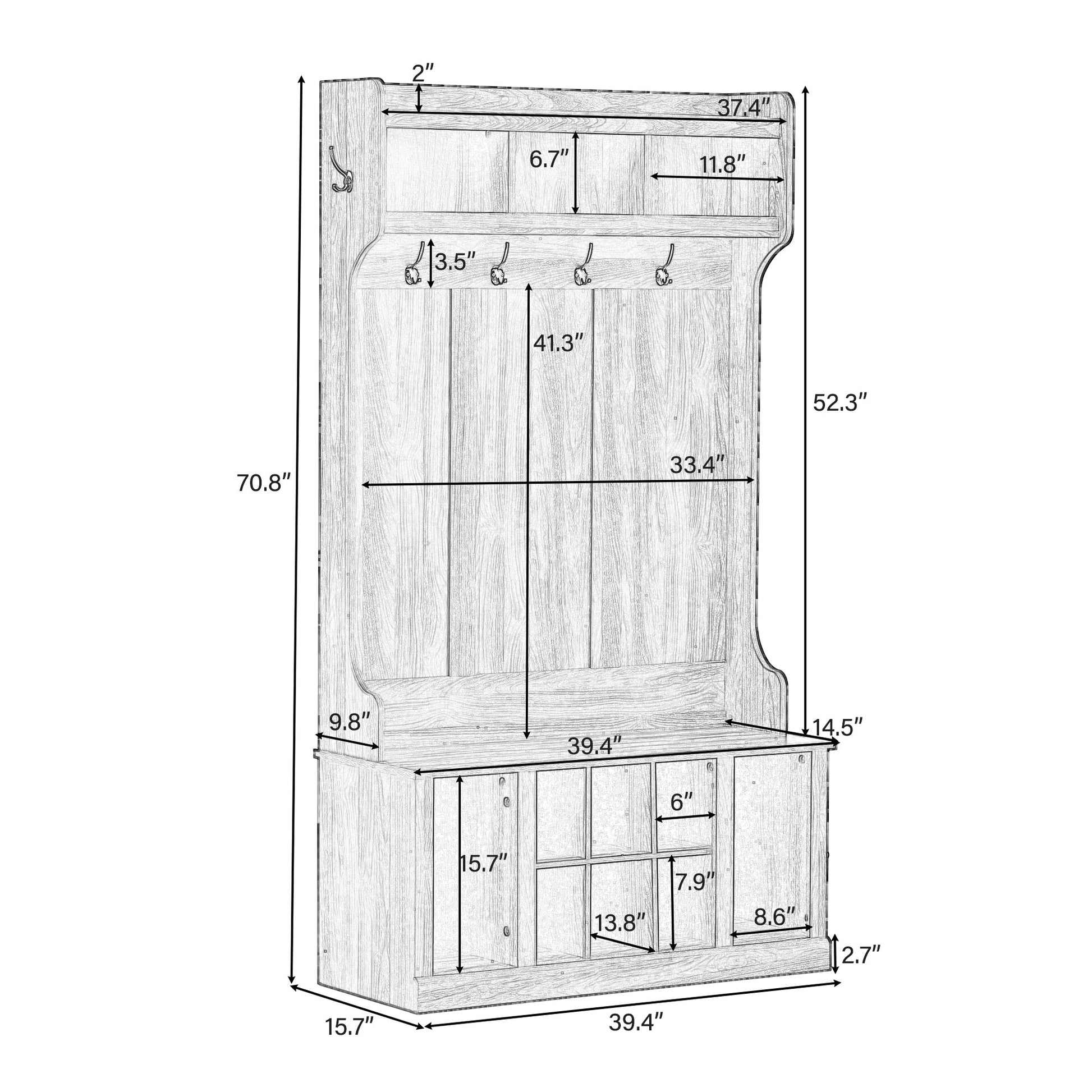 U-Can Hall Tree with 6 Hooks  Coat Hanger Entryway Bench Storage Bench (White) - Korvel