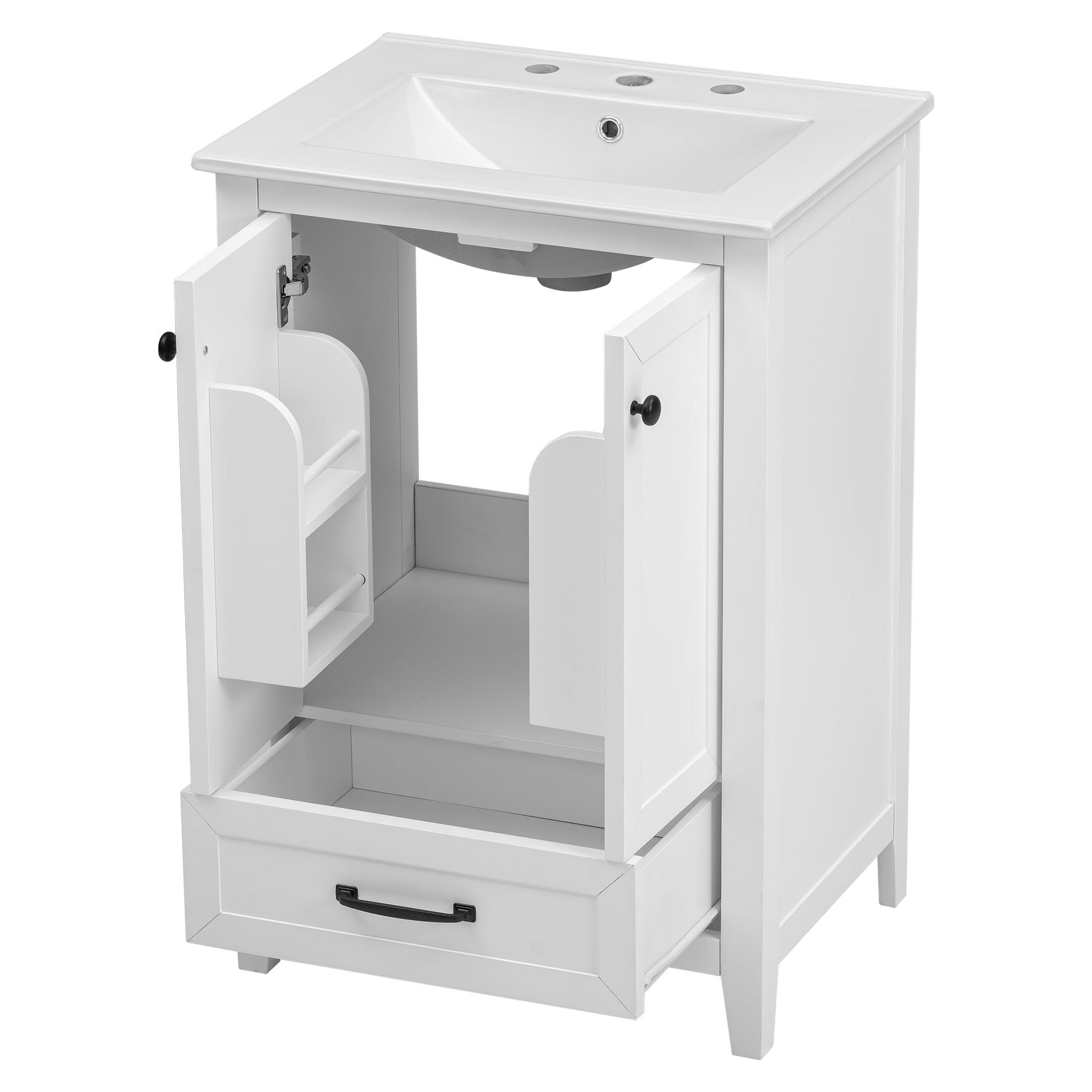 24" Bathroom Vanity with Sink, Bathroom Vanity Cabinet with One Drawer and Doors, Solid Wood and MDF, White - Korvel