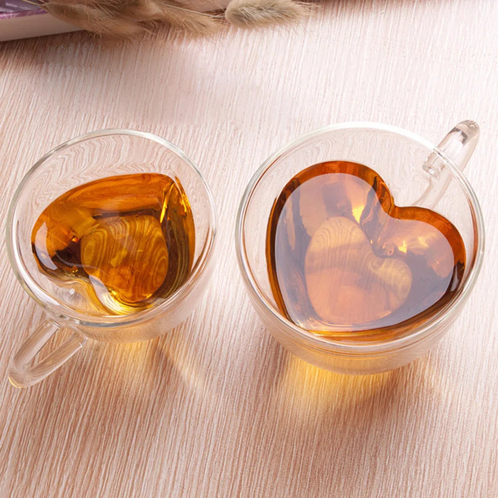 180ml/240ml Heart Love Shaped Tea Beer Mug Juice Cup Coffee Cups Mug Gift Double Layer Glass Mug Heat-Resisting Drinkware - Korvel