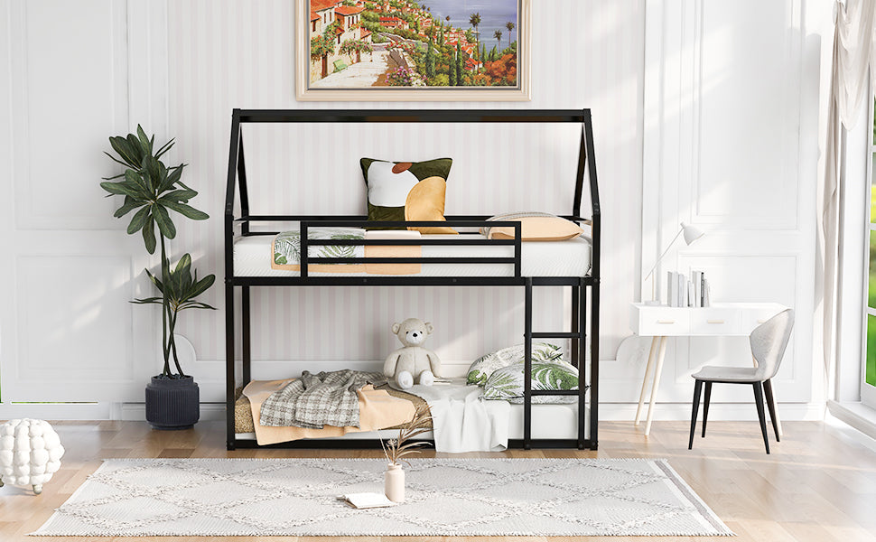 Twin over Twin House Bunk Bed with Built-in Ladder - Black