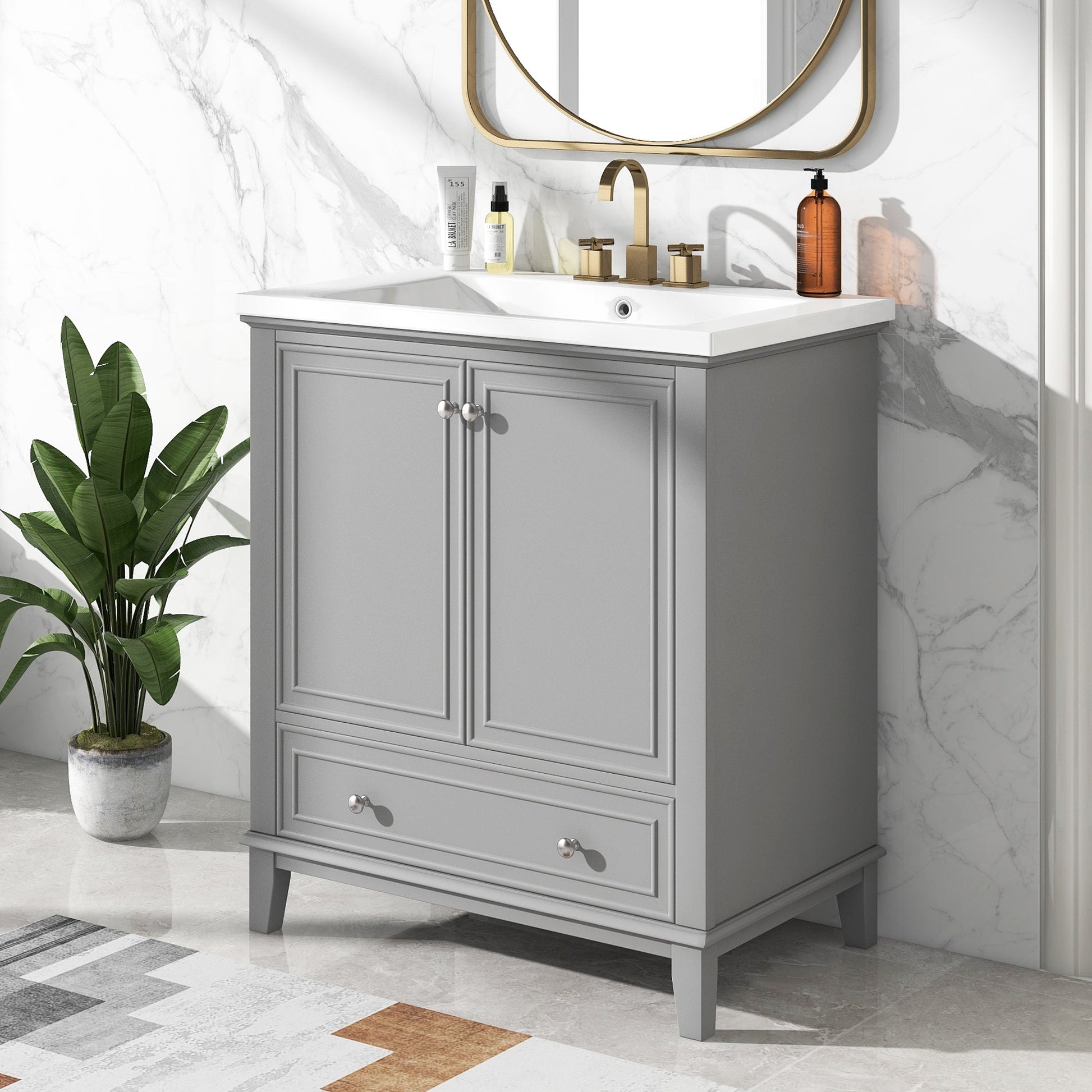 30inchgrey Bathroom Vanity with Sink ComboMulti-functional Bathroom Cabinet with Doors and Drawer Solid Frame and MDF Board - Korvel